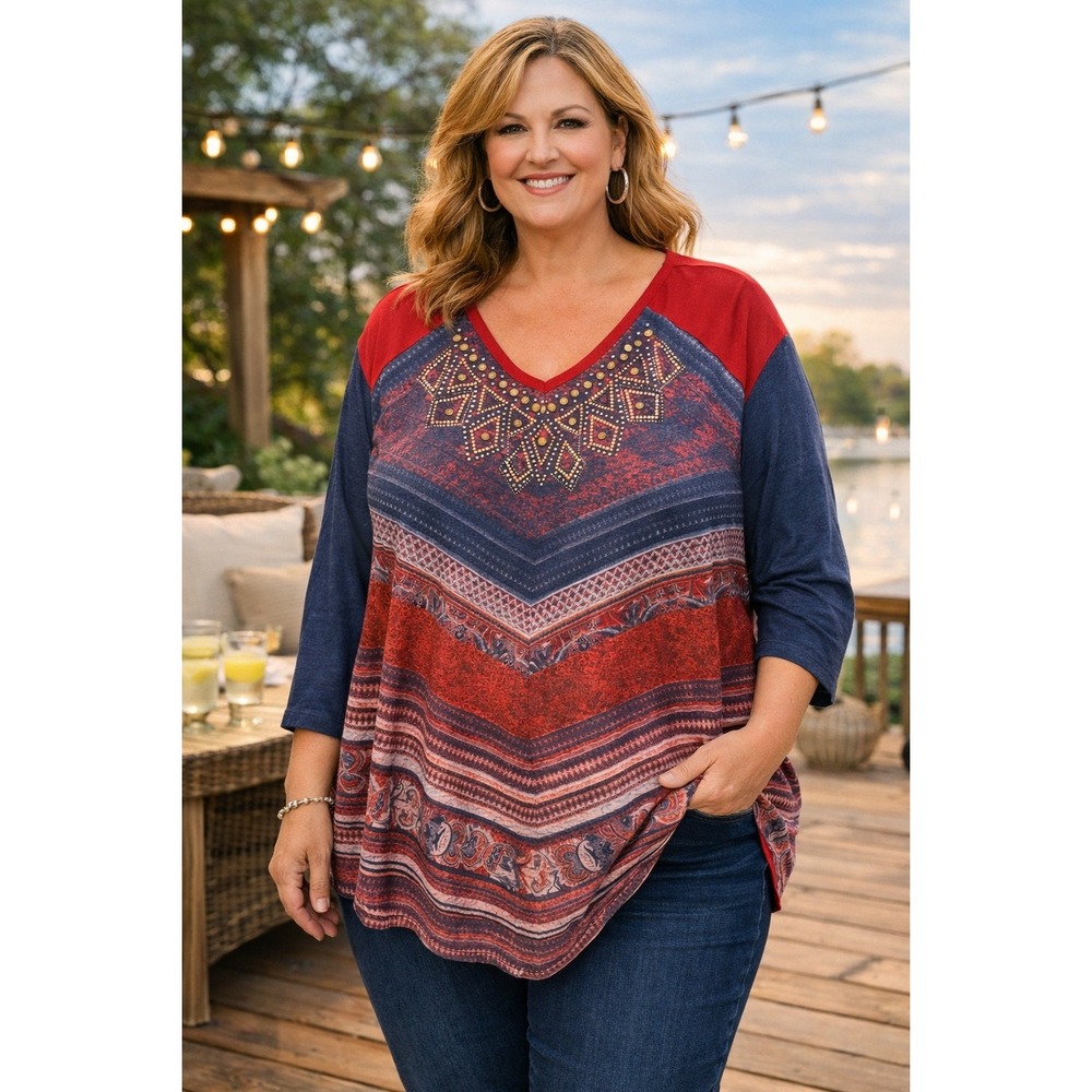 Catherines Mixed Media Tunic Top 2X Red Navy Studded Linen Boho Mature Oversized